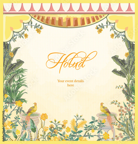 Floral Holud Invitation Card Design with Birds and Banana Leaves.