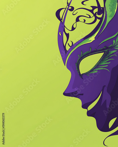 Mardi Gras mask, purple/green theme, minimalist, design on one side, mask outline in corner, ample space for text. photo