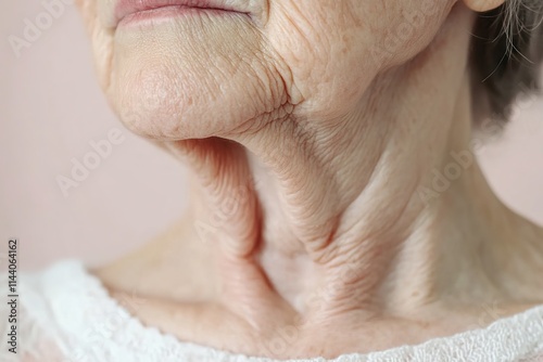 Close-up of the neck area, showing wrinkles and skin texture around the collarbone, on an older woman's face photo