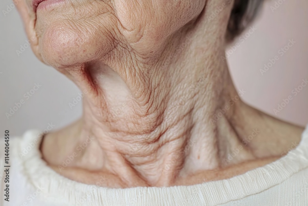 Naklejka premium Close-up of the neck area, showing wrinkles and skin texture around the collarbone, on an older woman's face