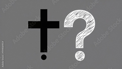 Christian Cross with Question Marks, Graphic Illustration Exploring Faith, Doubt, and Spiritual Inquiry, Symbolizing the Search for Meaning and Understanding in Religion