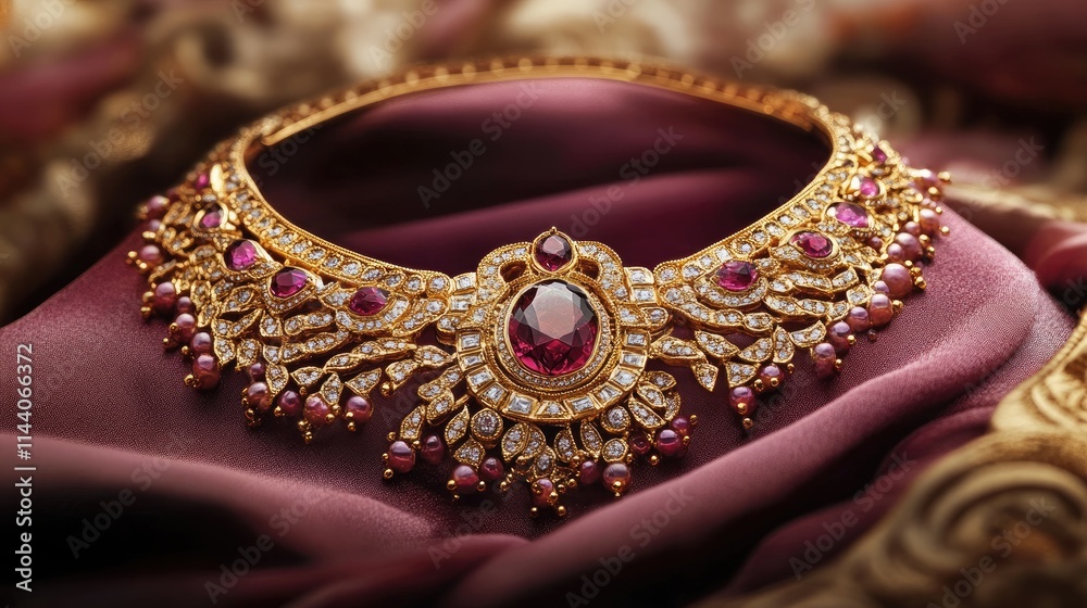 Obraz premium Luxurious traditional gold necklace adorned with rubies and diamonds resting elegantly on rich satin fabric