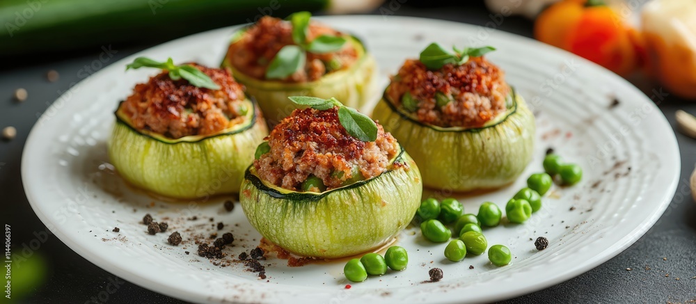 Gourmet zucchini stuffed with minced meat served with green peas and fresh herbs on a rustic plate showcasing culinary artistry Gourmet zucchini stuffed with minced meat served with green peas and fresh herbs on a rustic plate showcasing culinary artistry