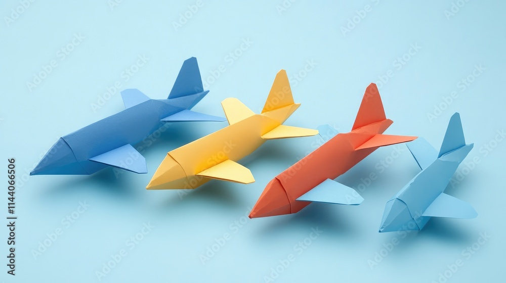 Handmade colorful paper planes arranged on a blue background showcasing creativity and fun in a flat lay composition Handmade colorful paper planes arranged on a blue background showcasing creativity and fun in a flat lay composition