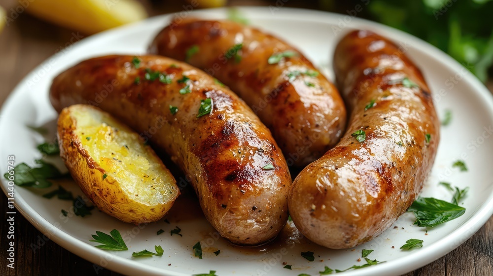 Golden baked potatoes with delicious sausages garnished with fresh herbs on a rustic wooden table setting. Golden baked potatoes with delicious sausages garnished with fresh herbs on a rustic wooden table setting.