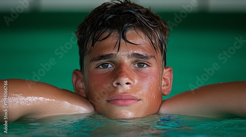 Teenage Boy in Pool: A young man with wet hair and sun-kissed skin rests his chin on the edge of a turquoise pool, his gaze fixed on the camera with a contemplative expression.