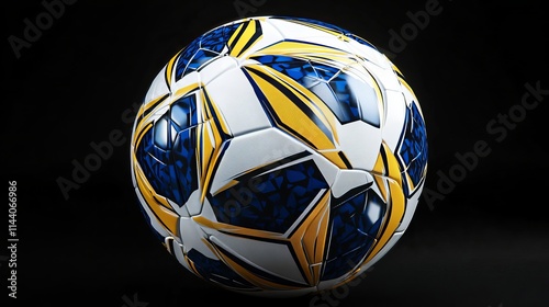 3d illustration white blue yellow soccer ball on black background photo