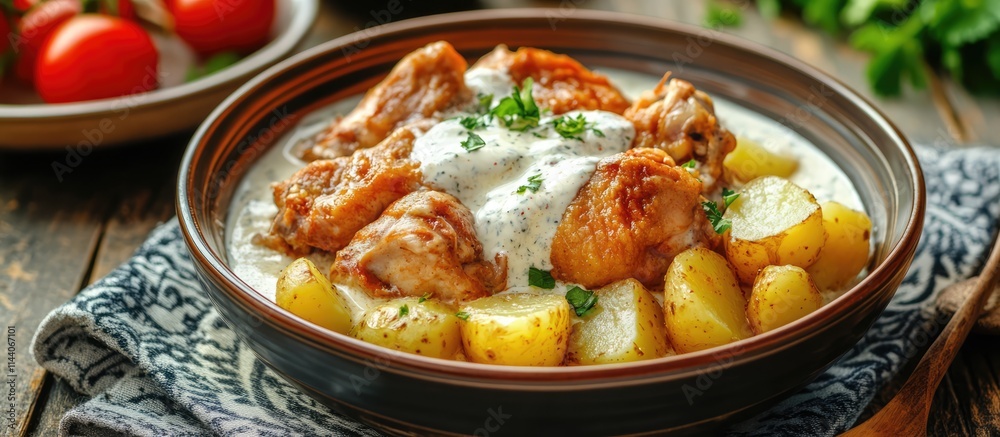 Fried chicken hearts in sour cream sauce served with boiled potatoes and fresh vegetables on a wooden table setting Fried chicken hearts in sour cream sauce served with boiled potatoes and fresh vegetables on a wooden table setting
