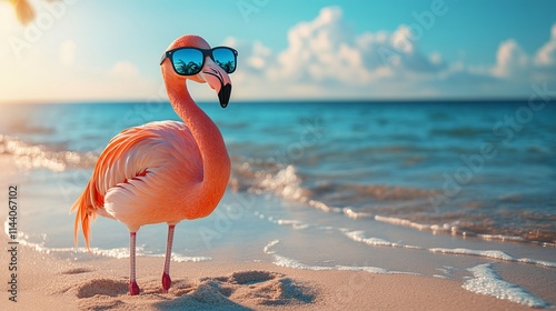 Cute flamingo in sunglasses, lounging on sandy beach, perfect for summer vacation and tropical relaxation themes. photo