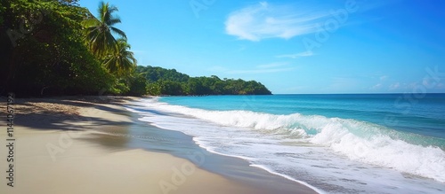 Tranquil beach landscape with gentle waves and lush greenery under a clear blue sky for relaxation and vacation concepts photo