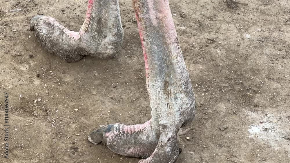 Close view of an ostrich's feet showcasing their unique structure while standing on dry soil. Close view of an ostrich's feet showcasing their unique structure while standing on dry soil.