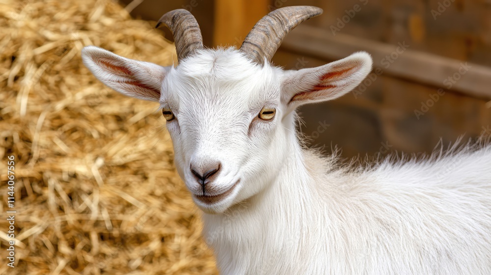 Close up of a white goat in a rustic wooden shed emphasizing agriculture, farming practices, and animal husbandry in rural settings Close up of a white goat in a rustic wooden shed emphasizing agriculture, farming practices, and animal husbandry in rural settings