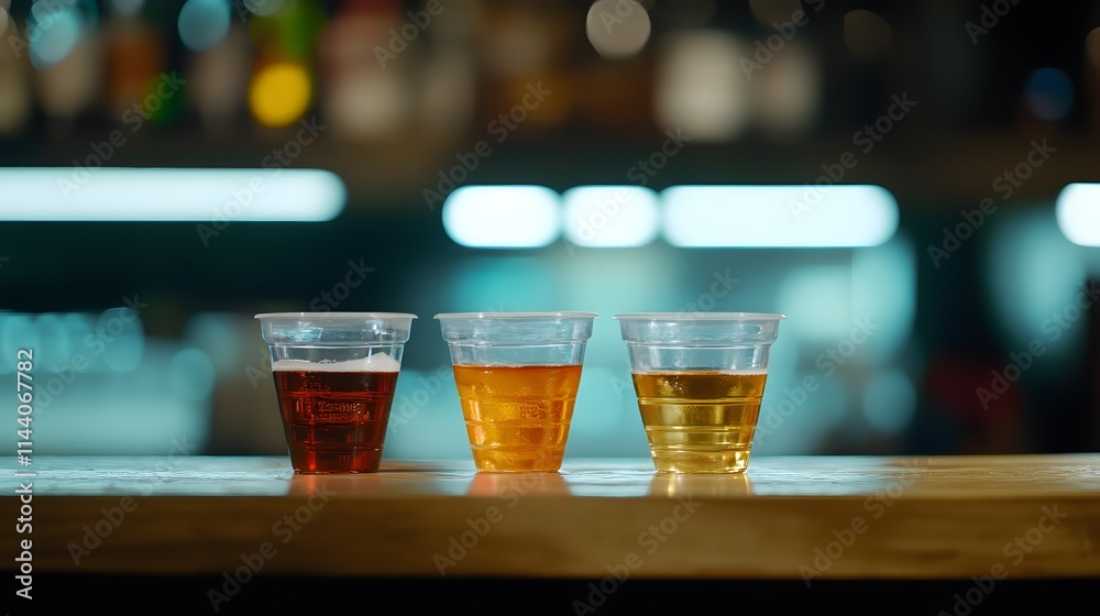 Three Beer Samples in Plastic Cups at a Bar. Three Beer Samples in Plastic Cups at a Bar.