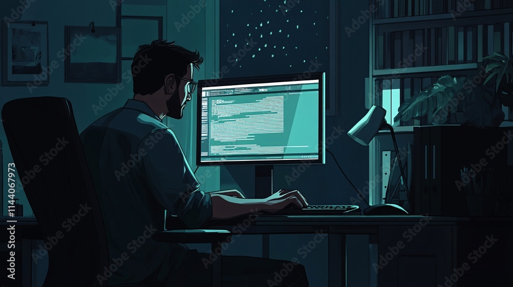 A focused man working late at night, illuminated by computer screen light in a cozy workspace. A focused man working late at night, illuminated by computer screen light in a cozy workspace.