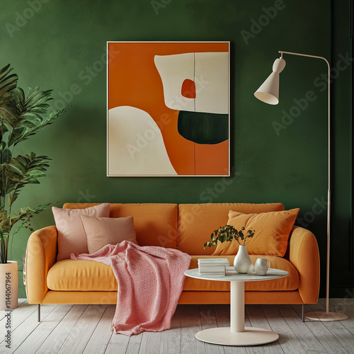 A peach and green living room with an orange sofa, a white coffee table covered with a soft pink blanket,
