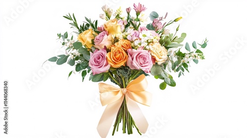 Wallpaper Mural A vibrant bouquet of mixed flowers featuring soft pink and yellow roses, elegantly wrapped with a ribbon. Torontodigital.ca