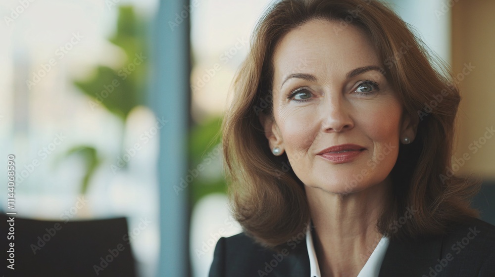 A confident middle-aged Caucasian woman with shoulder-length hair, expressing professionalism in a bright office setting. A confident middle-aged Caucasian woman with shoulder-length hair, expressing professionalism in a bright office setting.