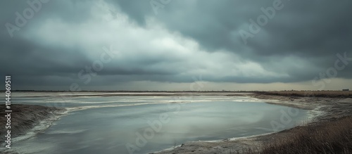 Gray sky following a storm over expansive saltpans reflecting ominous clouds and tranquil water in a desolate landscape