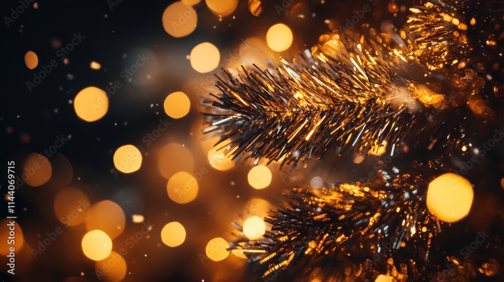 Fototapeta premium Gold tinsel and sparkles creating a festive macro blur background ideal for holiday-themed designs and seasonal decorations