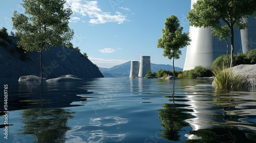 Cooling towers placed next to the water in front, symbolizing atomic energy. Nuclear energy and its impact on sustainability and the environment.