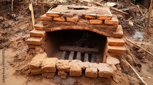 Traditional handmade kiln for firing and hardening mud bricks in an outdoor setting showcasing artisanal brick-making techniques photo