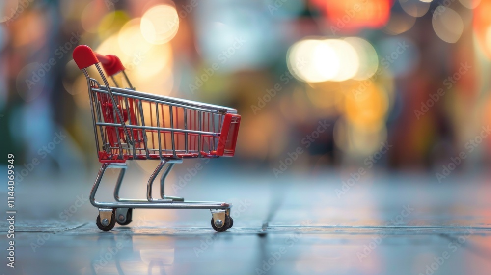 Miniature shopping cart on a reflective surface with blurred lights Miniature shopping cart on a reflective surface with blurred lights