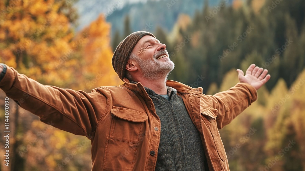 Obraz premium Smiling Caucasian man in warm jacket, embracing nature in a vibrant autumn landscape.