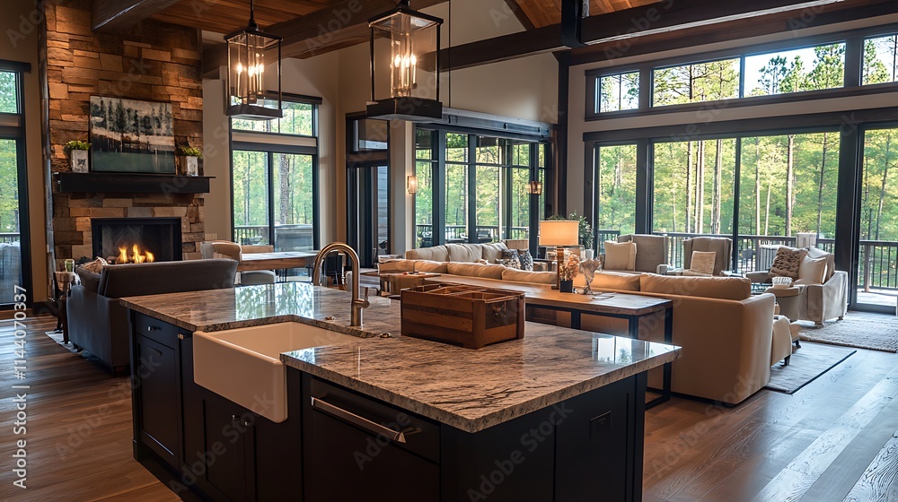 Wide photo: Openly flowing modern interior living room with bright nature views. AI Generated Wide photo: Openly flowing modern interior living room with bright nature views. AI Generated