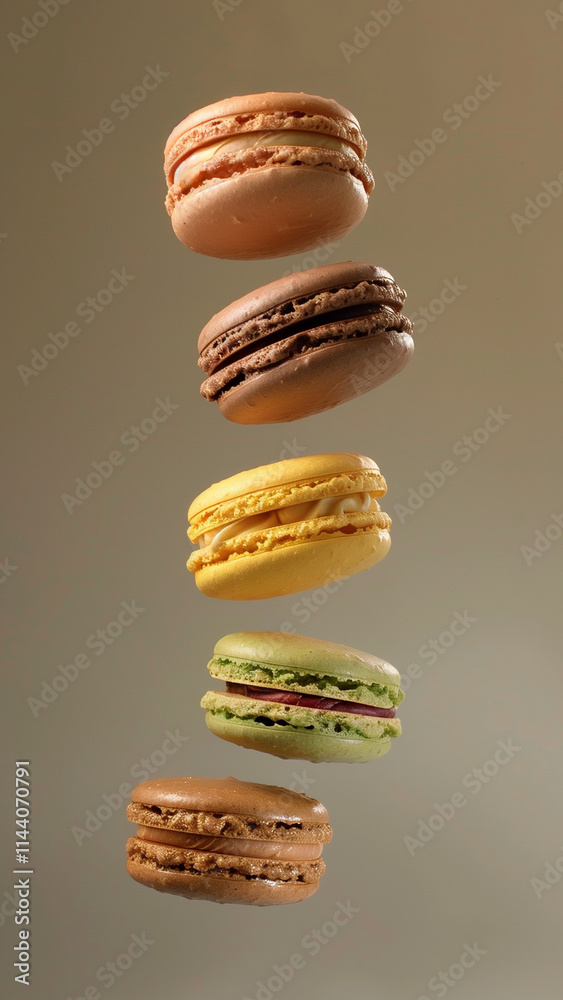 colorful and delicious display of macarons floating in mid air on neutral background colorful and delicious display of macarons floating in mid air on neutral background