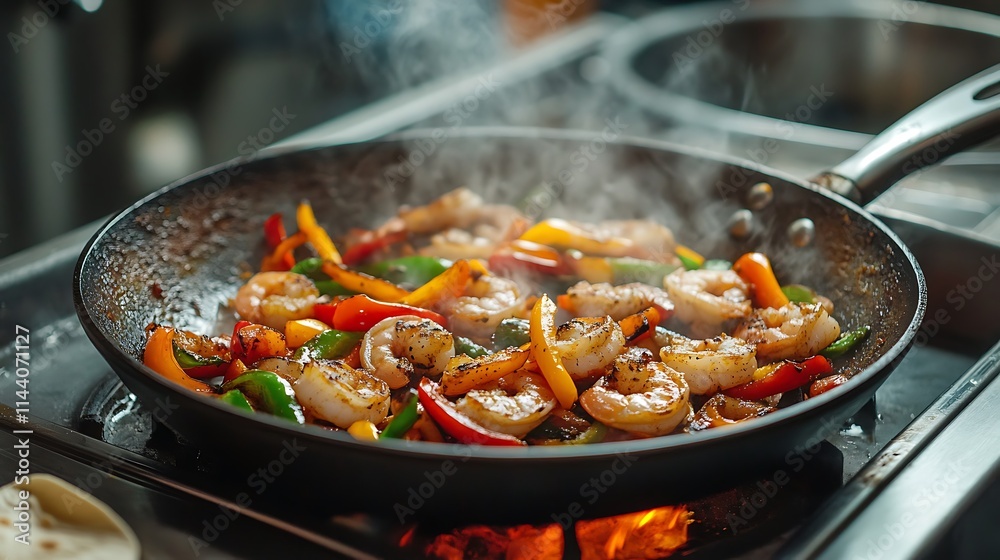 Shrimp quickly cooking with peppers in a frying pan photo closeup. AI Generated Shrimp quickly cooking with peppers in a frying pan photo closeup. AI Generated