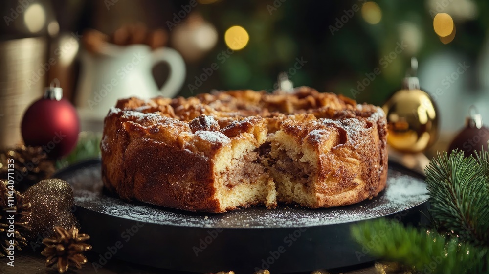 Festive bread pudding with cinnamon and frosted topping served on a dark plate surrounded by holiday decorations and warm lights. Festive bread pudding with cinnamon and frosted topping served on a dark plate surrounded by holiday decorations and warm lights.