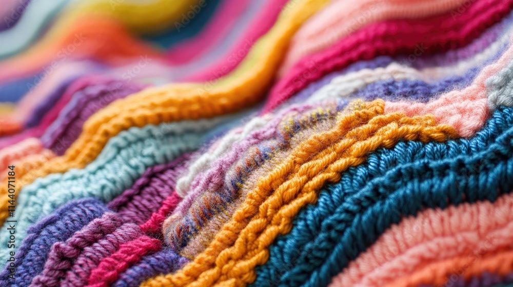 Vibrant hand knitted textile pattern showcasing intricate textures and colorful yarn stitches in a closeup view Vibrant hand knitted textile pattern showcasing intricate textures and colorful yarn stitches in a closeup view