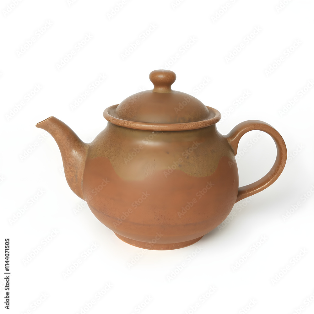 A rustic earthenware teapot with a matching lid and simple, clean lines, isolated on white