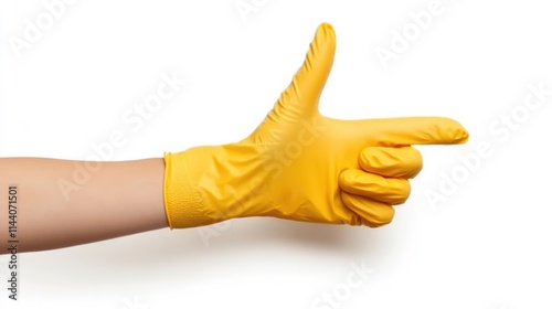 Hand in yellow rubber glove gesturing like a gun isolated on a clean white background highlighting cleanliness and safety in various contexts photo