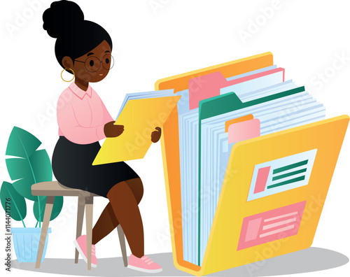 The girl works with a large database of files