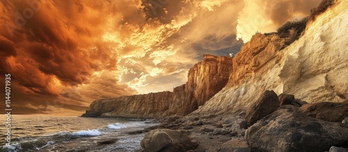 Dramatic coastal cliffs under a dynamic sky showcasing golden hues and turbulent cloud formations at sunset photo