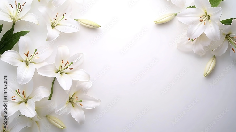 White lilies on a white background, top view. Space for text or message. Banner with space to add your own copy and text in a cursive font. Design concept for a funeral card White lilies on a white background, top view. Space for text or message. Banner with space to add your own copy and text in a cursive font. Design concept for a funeral card
