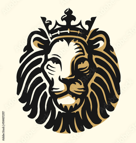 Lion king with crown emblem logo. Royal power, authority symbol. Head of predator animal vector illustration