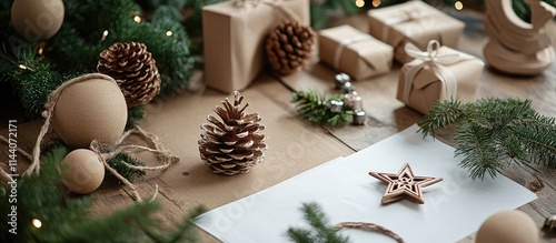 Festive Handmade Christmas Decorations with Pinecones and Wrapped Gifts on a Rustic Table Setting photo