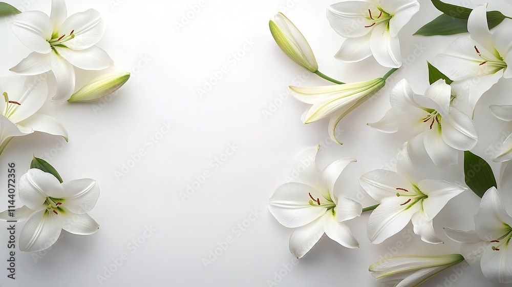 Fototapeta premium White lilies on a white background, top view. Space for text or message. Banner with space to add your own copy and text in a cursive font. Design concept for a funeral card