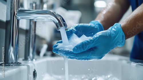 A man is washing his hands in a sink with soap and water