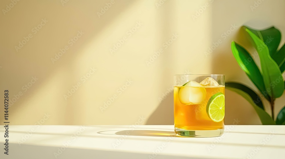 Refreshing Iced Beverage with Citrus and Ice Cubes in Sunlight Refreshing Iced Beverage with Citrus and Ice Cubes in Sunlight