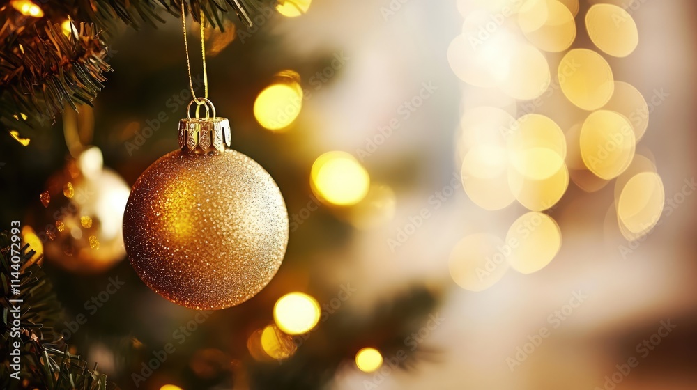 Golden Christmas lights in bokeh effect with ornament on tree creating a festive atmosphere ideal for wallpaper and celebration themes Golden Christmas lights in bokeh effect with ornament on tree creating a festive atmosphere ideal for wallpaper and celebration themes
