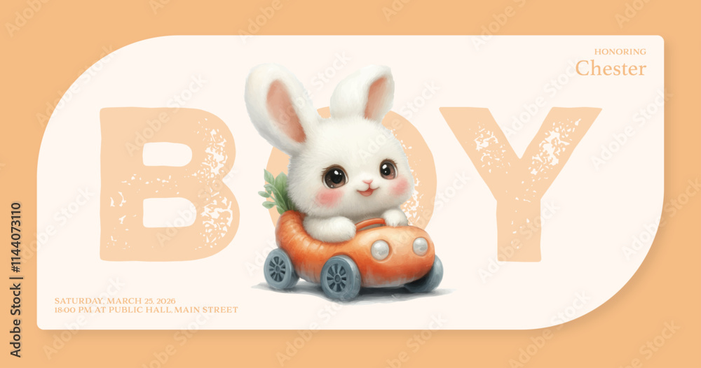 Obraz premium Playful Baby Shower Invitation Featuring Bunny in Carrot Car with Whimsical Design for Baby Boy, Baby Shower Invitation Card