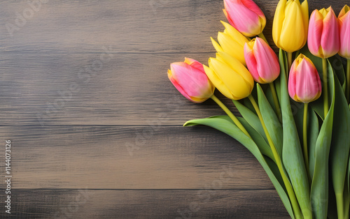 Pink and yellow tulips on vintage background