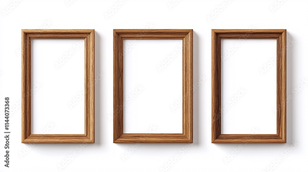 Three empty wooden photo frames arranged in a row, ideal for displaying cherished moments. Three empty wooden photo frames arranged in a row, ideal for displaying cherished moments.