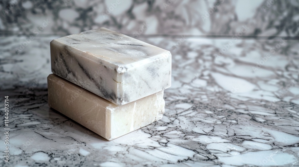 Fototapeta premium Minimalist soap bars on a marble surface with soft shadows