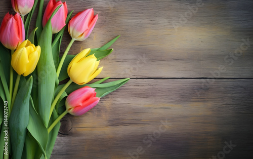 Pink and yellow tulips on vintage background