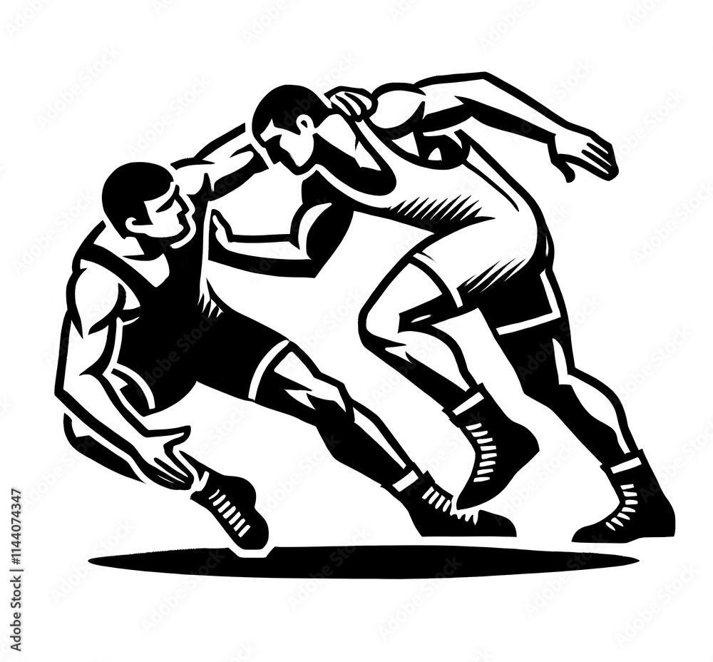Fototapeta premium Isolated black and white vector illustration of two wrestlers competing against each other on a white background.