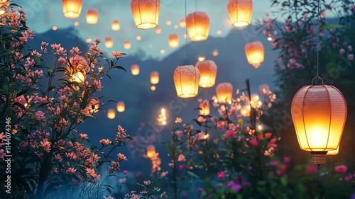 Ethereal spring festival with glowing lanterns floating quality